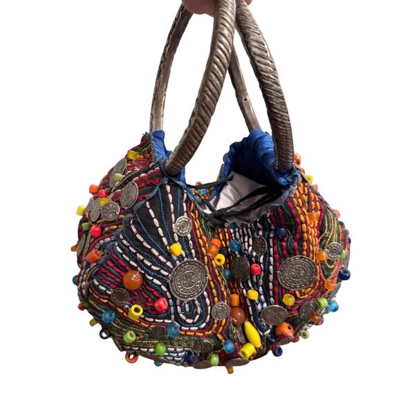 Chico's Heavily Beaded Coins Handbag Art to Wear Boho Kaleidoscop Silver Rings - Picture 2 of 9